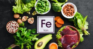 Food containing natural iron. Fe: Liver, avocado, broccoli, spinach, parsley, beans, nuts, on a black stone background. Top view.