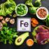 Food containing natural iron. Fe: Liver, avocado, broccoli, spinach, parsley, beans, nuts, on a black stone background. Top view.